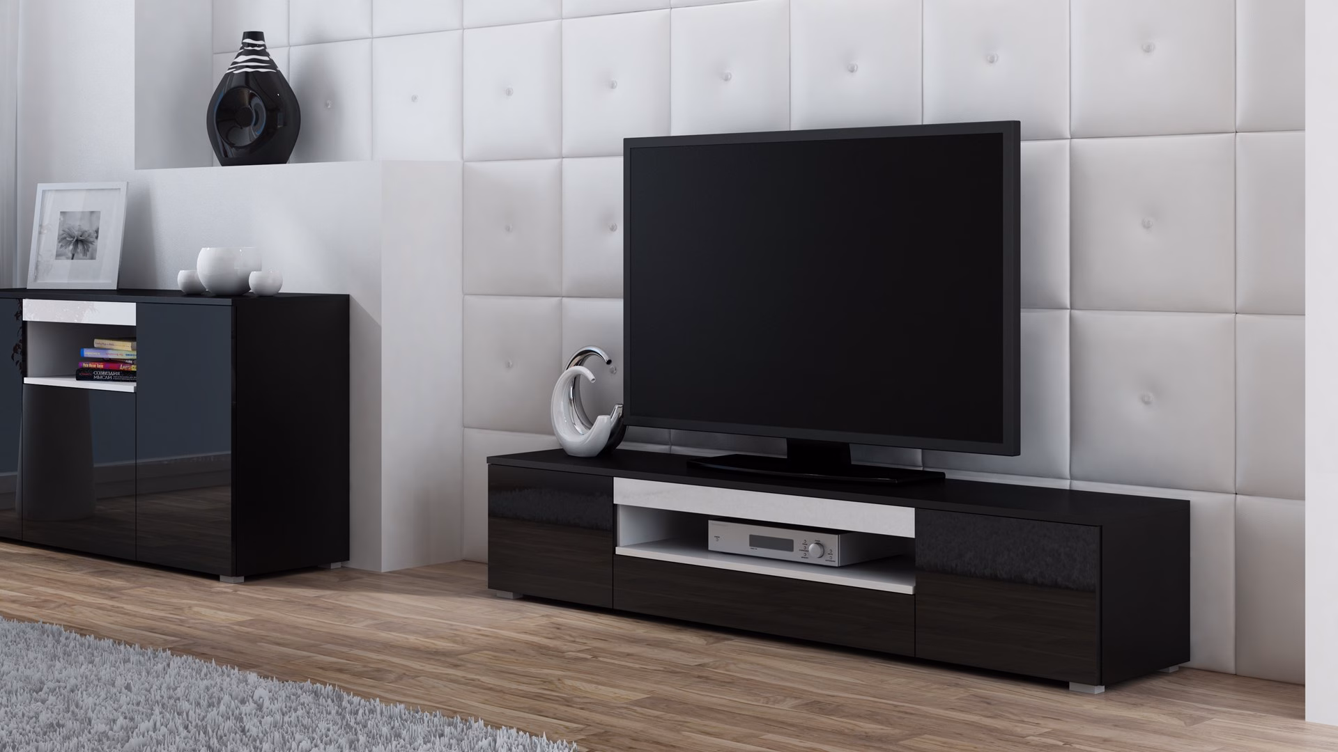 TV-alus Cama MEBLE VIVA 180, must matt pealis, valged läikivad uksed