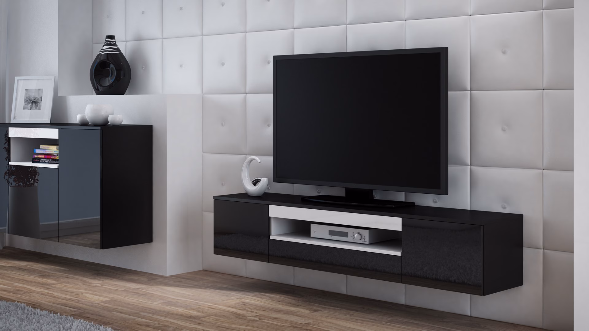 TV-alus Cama MEBLE VIVA 180, must matt pealis, valged läikivad uksed (2)