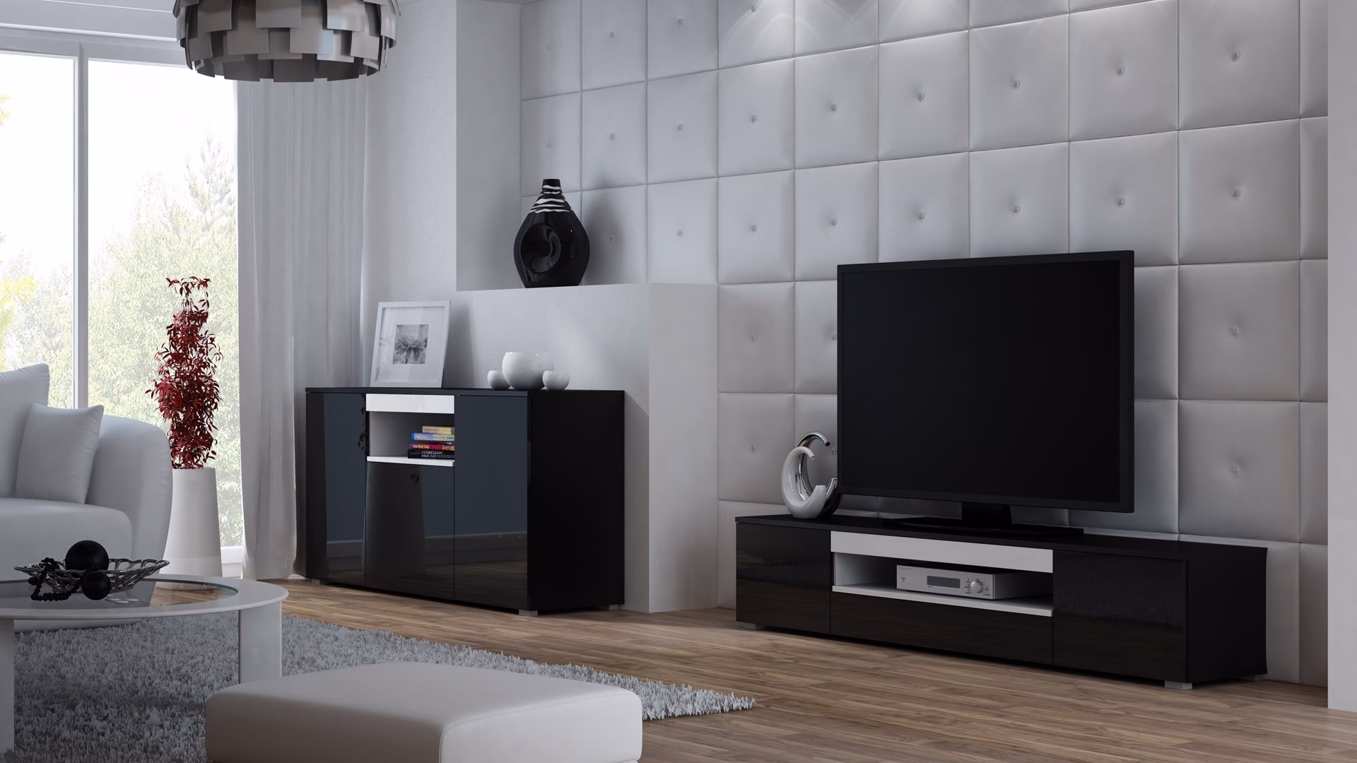 TV-alus Cama MEBLE VIVA 180, must matt pealis, valged läikivad uksed (4)