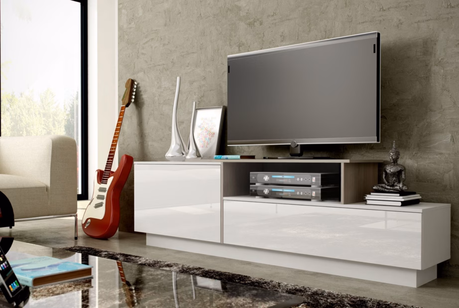 TV-alus Cama MEBLE SIGMA 3, 180 cm, valge/valge kõrgläige, sonoma tamm - 2