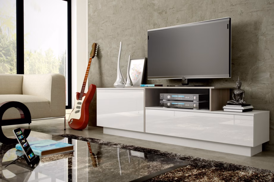 TV-alus Cama MEBLE SIGMA 3, 180 cm, valge/valge kõrgläige, sonoma tamm - 3