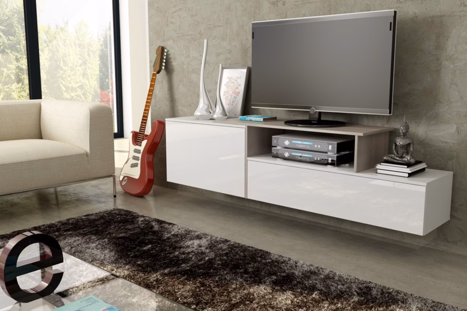 TV-alus Cama MEBLE SIGMA 3, 180 cm, valge/valge kõrgläige, sonoma tamm - 4