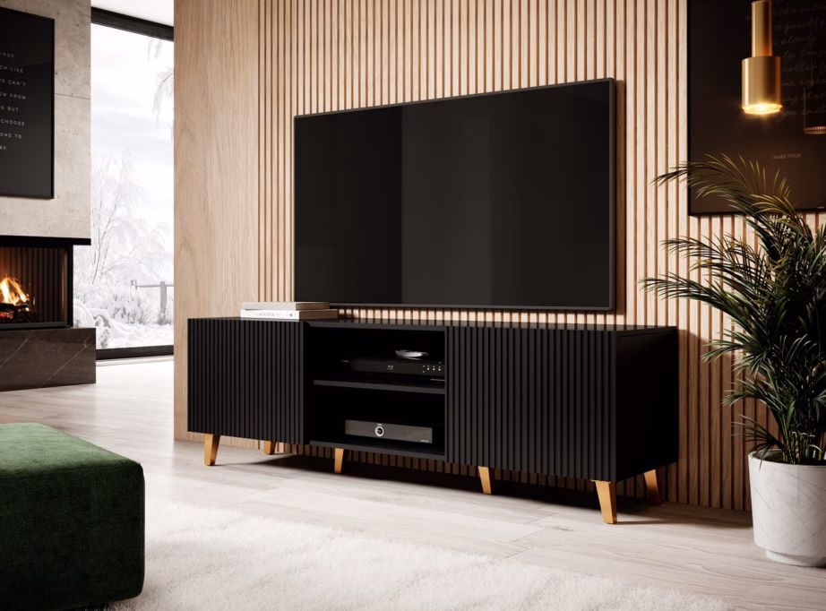 TV-alus Cama MEBLE PAFOS, 150 × 42 × 52 cm, must matt, 2 ust ja 3 riiulit - 9