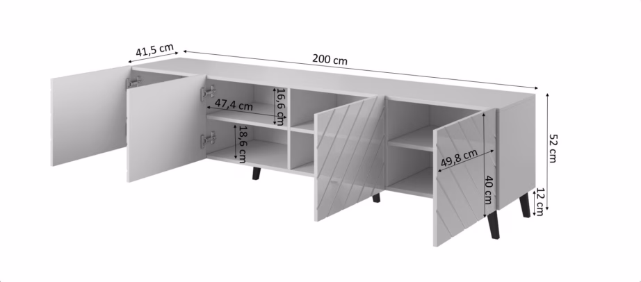 TV-alus Cama MEBLE ABETO, 200 x 42 x 52 cm, valge matt/läikiv, 4 ust - 2