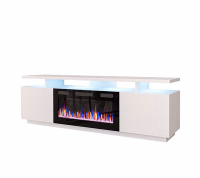 TV-alus elektrilise kaminaga Cama MEBLE EVA, 180 × 40 × 52 cm, valge ja valge kõrgläige