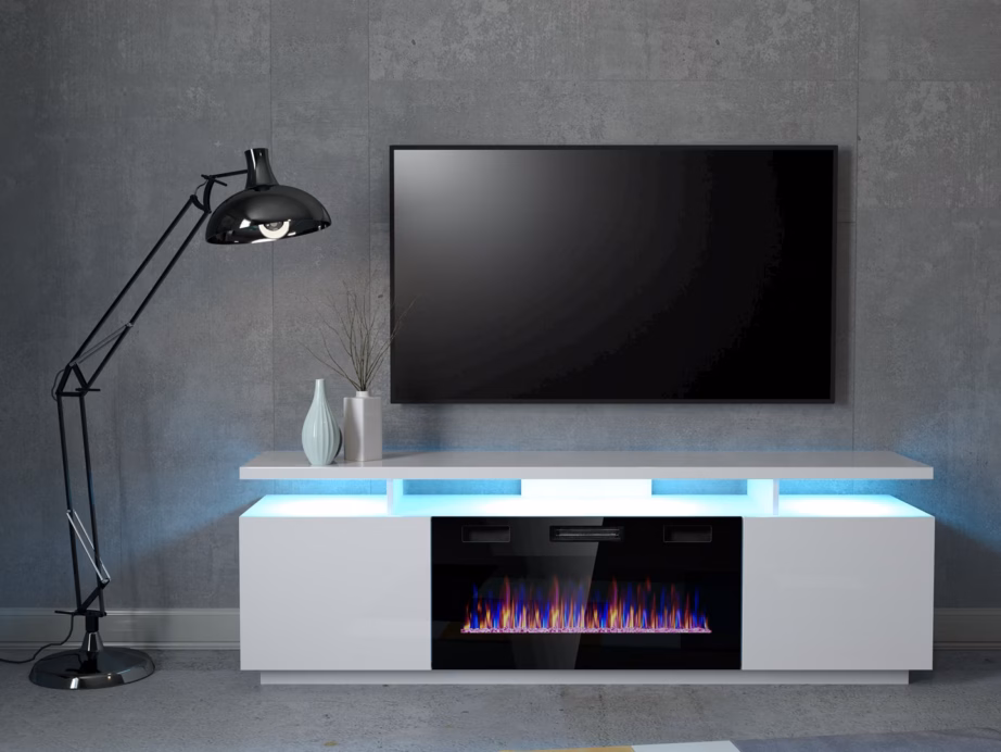TV-alus elektrilise kaminaga Cama MEBLE EVA, 180 × 40 × 52 cm, valge ja valge kõrgläige - 2