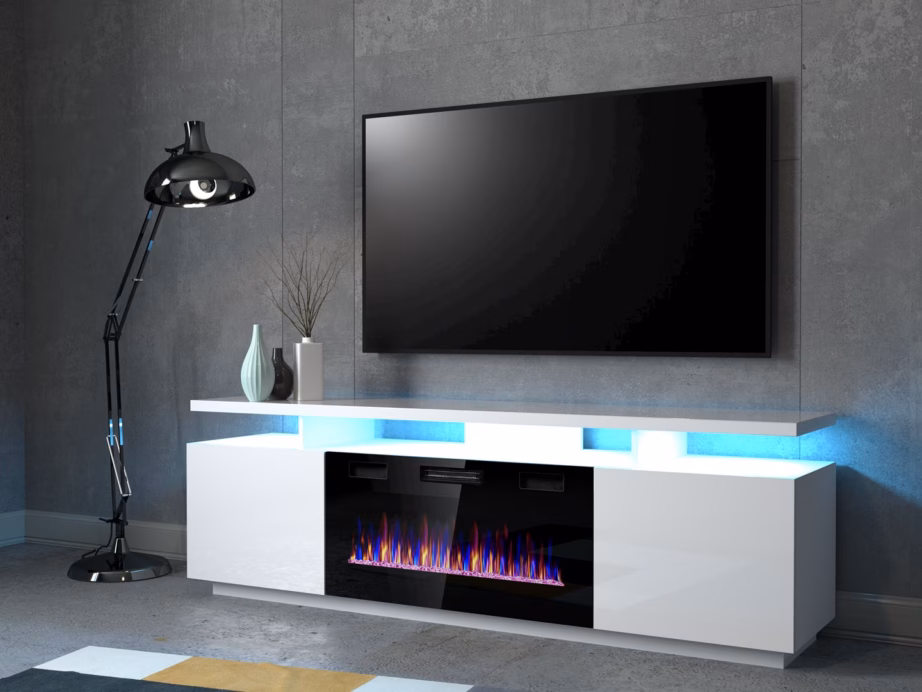TV-alus elektrilise kaminaga Cama MEBLE EVA, 180 × 40 × 52 cm, valge ja valge kõrgläige - 3