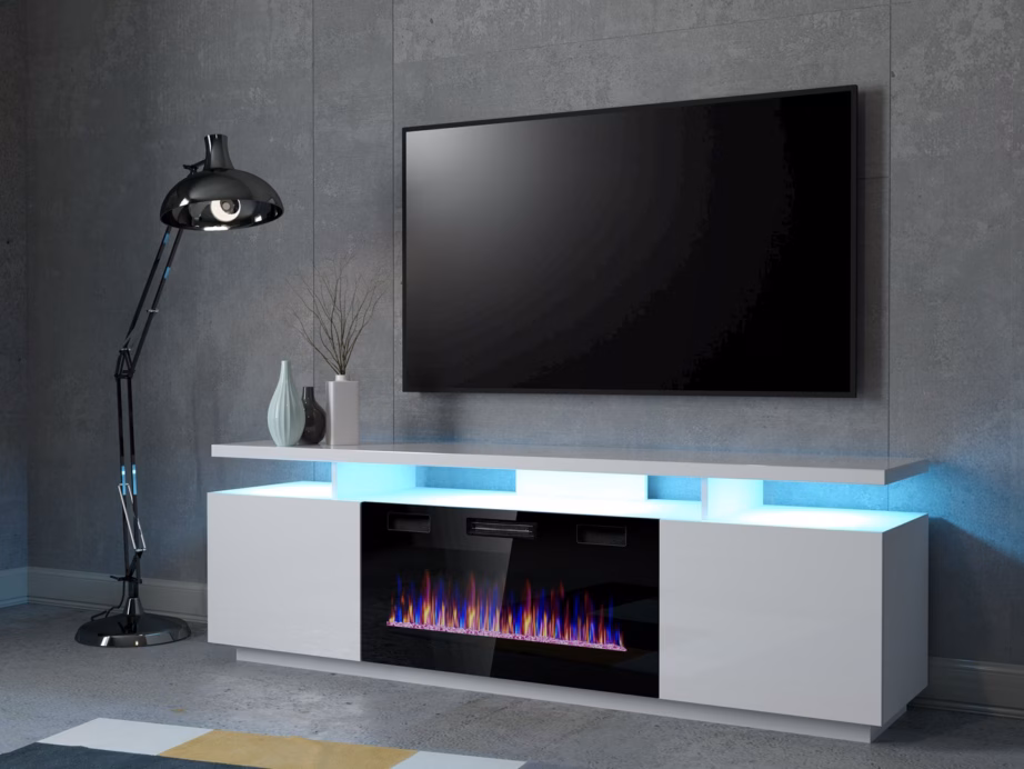 TV-alus elektrilise kaminaga Cama MEBLE EVA, 180 × 40 × 52 cm, valge ja valge kõrgläige - 4