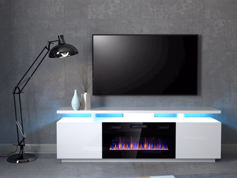 TV-alus elektrilise kaminaga Cama MEBLE EVA, 180 × 40 × 52 cm, valge ja valge kõrgläige - 5