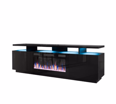 Elektrikaminaga TV-alus Cama MEBLE EVA, 180 × 40 × 52 cm, must/must kõrgläige