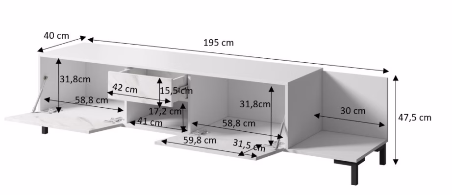 TV-alus Cama MEBLE MARMO 2D1S1K, 195 × 40 × 47,5 cm, valge matt marmormustriga - 2