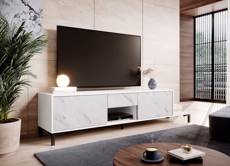 TV-alus Cama MEBLE MARMO 2D1S1K, 195 × 40 × 47,5 cm, valge matt marmormustriga - 4