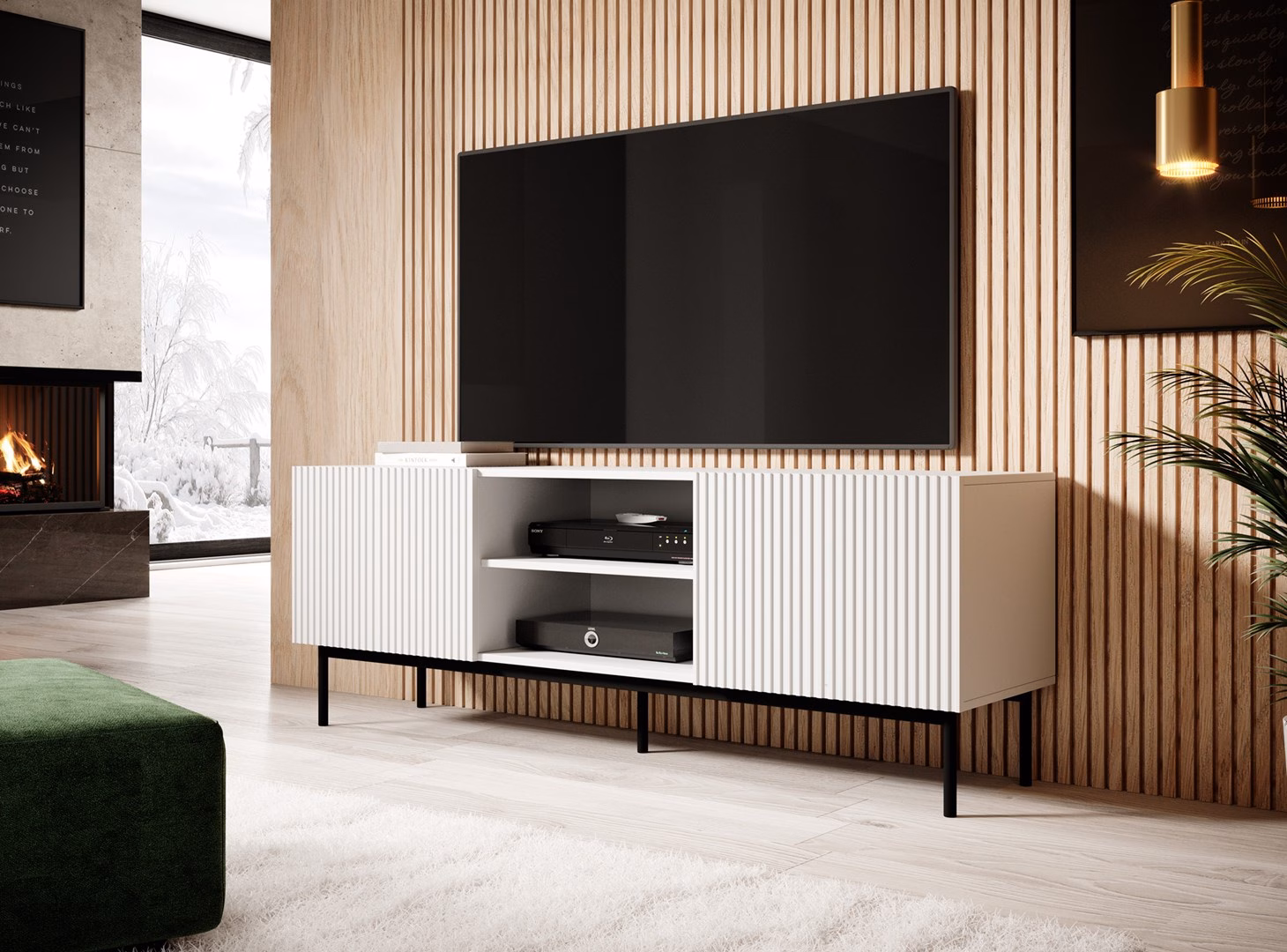 TV-alus Cama MEBLE PAFOS, valge matt, mustad terasjalad, 2 ust, 3 riiulit (2)