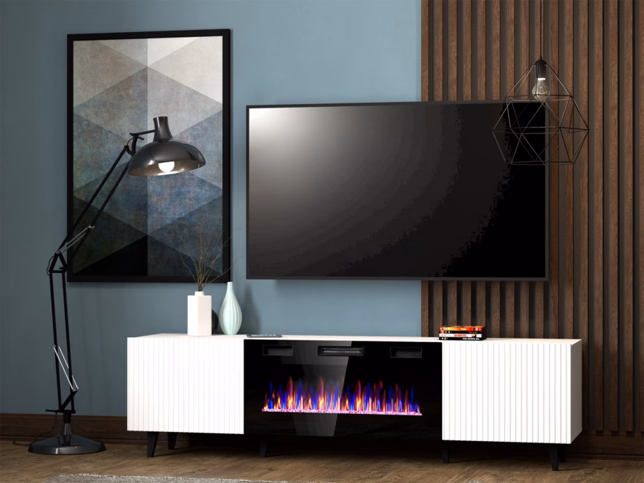 Elektrikaminaga TV-alus Cama MEBLE PAFOS EF, 180 × 42 × 49 cm, valge matt - 3