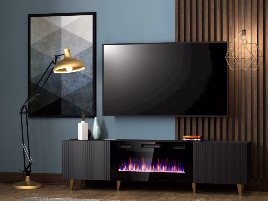TV-alus Cama MEBLE PAFOS EF elektrilise kaminaga, 2 ust, must matt - 4