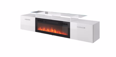 Elektrikaminaga TV-kapp Cama MEBLE ROVA, 190 × 37 × 48 cm, valge/valge kõrgläige