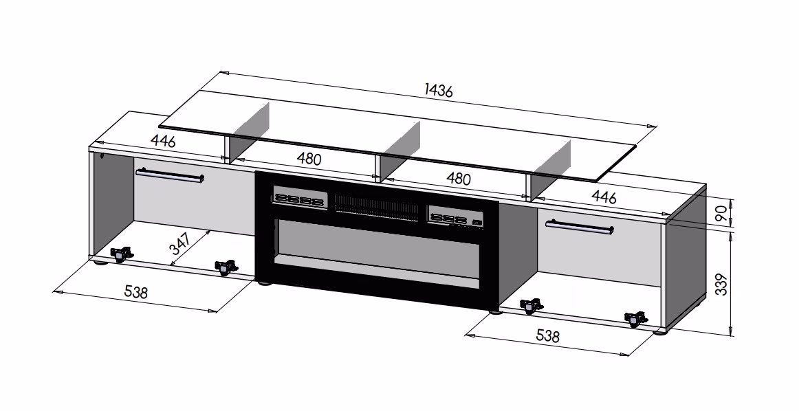 Elektrikaminaga TV-kapp Cama MEBLE ROVA, 190 × 37 × 48 cm, valge/valge kõrgläige (2)