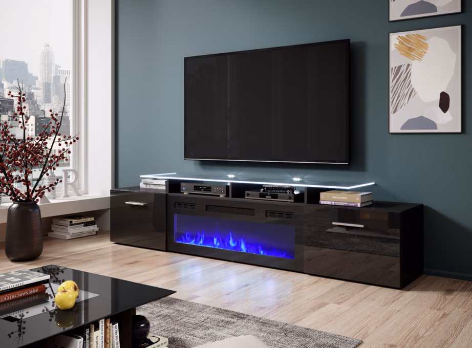 TV-alus elektrilise kaminaga Cama MEBLE ROVA, 190 × 37 × 48 cm, must - 4