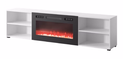 TV-alus Cama MEBLE POLO, 200 × 33 × 50,5 cm, valge, musta elektrkaminaga