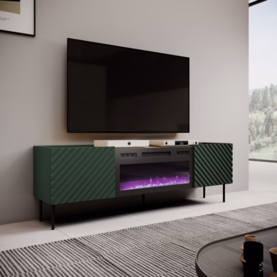TV-alus elektrilise kaminaga Cama MEBLE ONDA, roheline, 196,4 × 28,5 × 43,8 cm