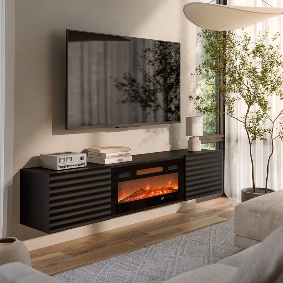 TV-alus Cama MEBLE TULA integreeritud elektrikaminaga, 183 × 35 × 37 cm, must matt - 4