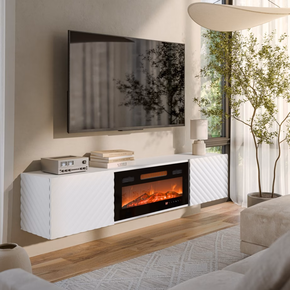 TV-alus Cama MEBLE LARA, 183 × 35 cm, valge matt, must kaminamoodul - 4