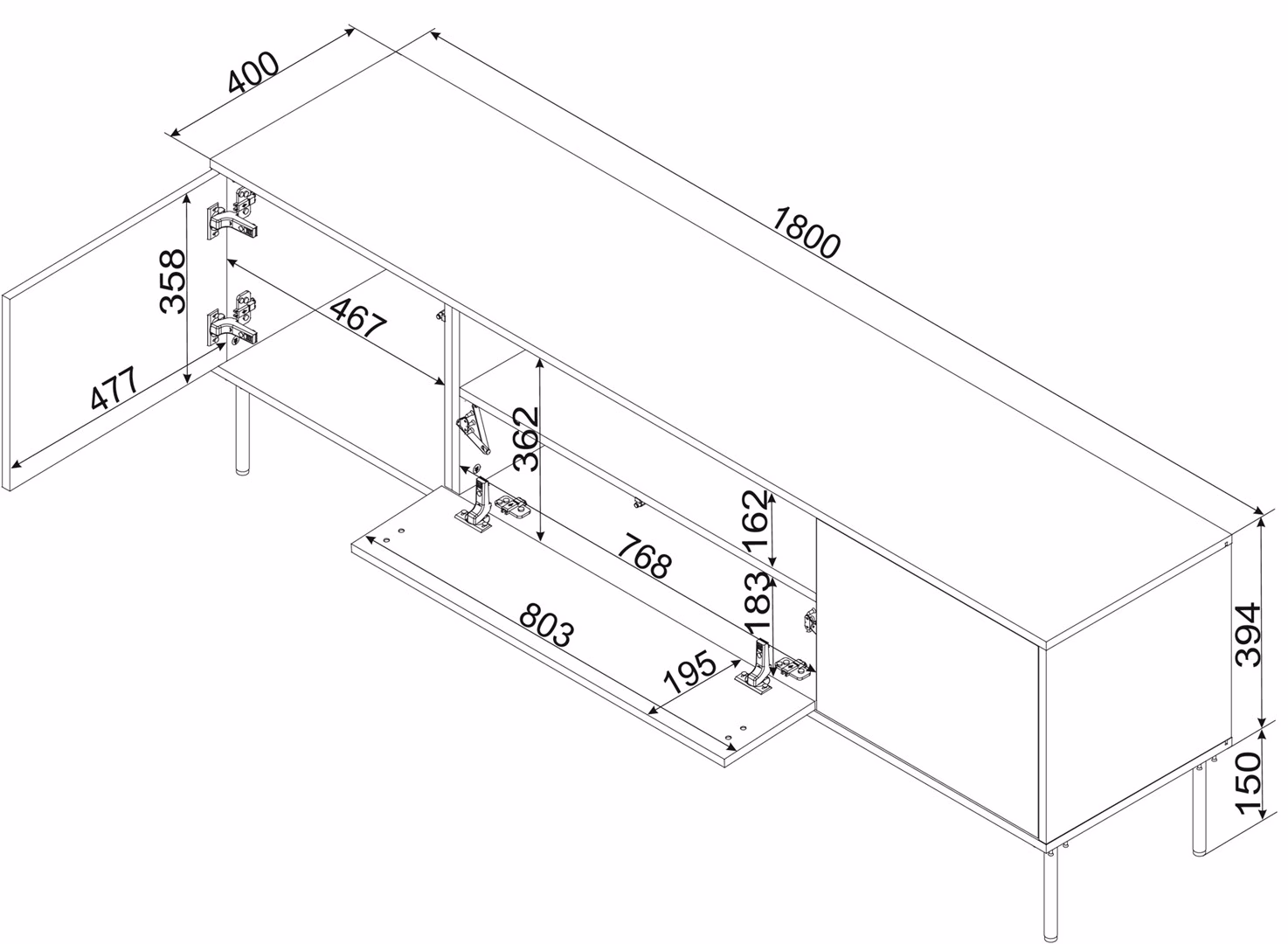 TV-alus Cama MEBLE TRESSE, 180 cm, matt roheline, push-to-open, 3 uksega (4)