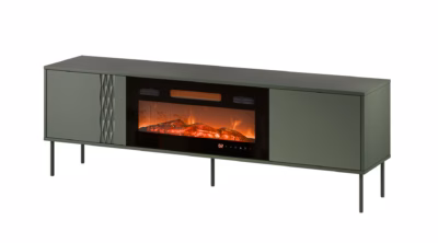 Elektrikaminaga TV-alus Cama MEBLE TRESSE, matt roheline, 210 × 30,5 × 49 cm