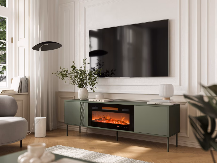 Elektrikaminaga TV-alus Cama MEBLE TRESSE, matt roheline, 210 × 30,5 × 49 cm - 4