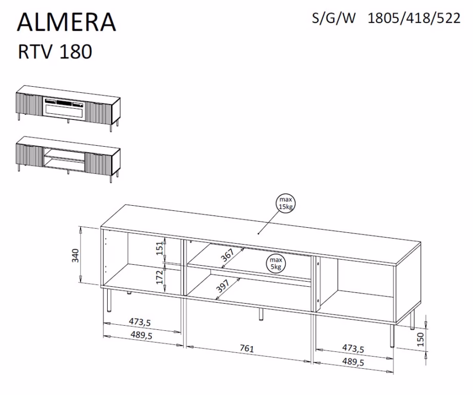 TV-alus Cama MEBLE ALMERA, 180,5 × 42 × 52,5 cm, pähkel/kašmiir - 4