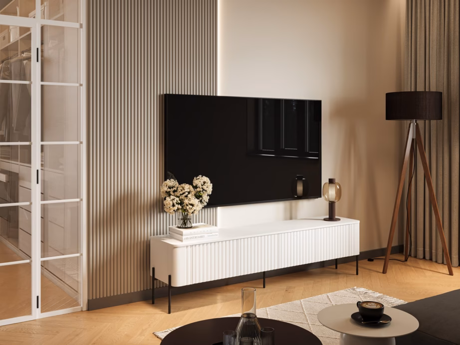 TV-alus Cama MEBLE VERA, 190 × 40 × 50 cm, mattvalge, Push-to-Open - 3