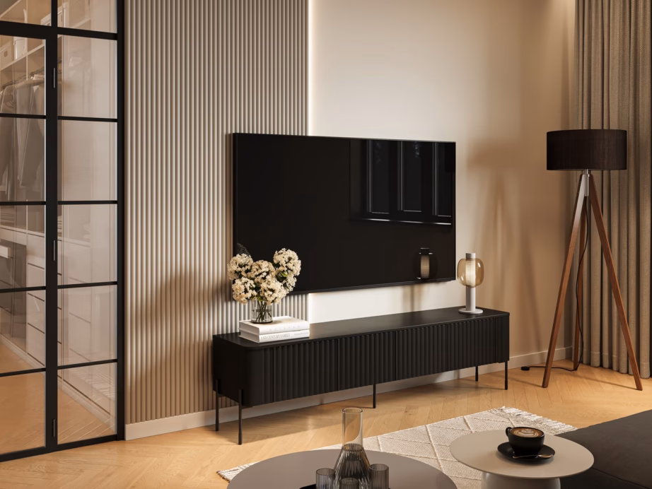 TV-alus Cama MEBLE VERA, 190 × 40 × 50 cm, matt must, 4 ust, PUSH TO OPEN - 3