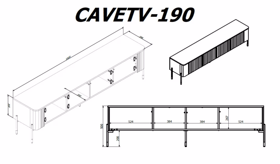 TV-alus Cama MEBLE VERA, 190 × 40 × 50 cm, matt must, 4 ust, PUSH TO OPEN - 4