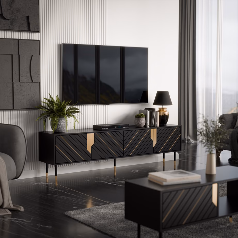 TV-alus Cama MEBLE MOUNTAIN 4D, 204 × 40 × 55 cm, must ja kuldsete detailidega - 3
