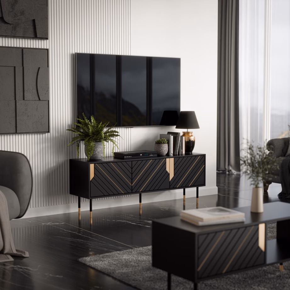 TV-alus Cama MEBLE MOUNTAIN, 154 × 40 × 55 cm, must/kuldne, 3 uksega - 3