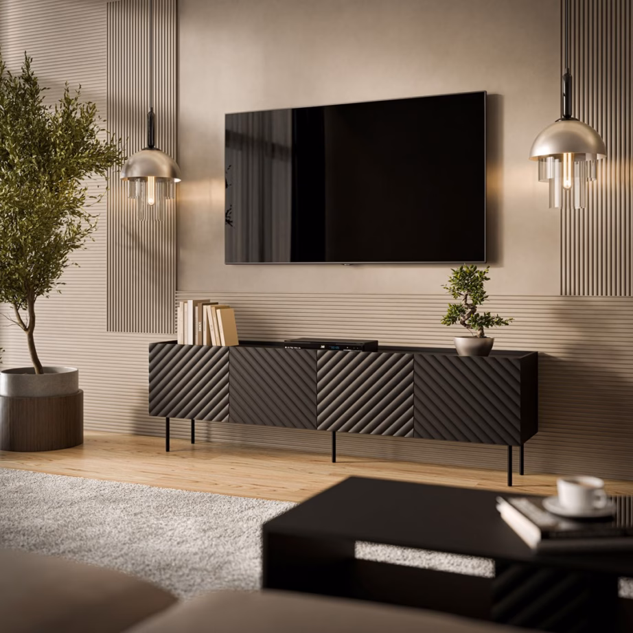 TV-alus Cama MEBLE LUCCA 4D FELLINI, 4 ust, 2 riiulit, matt must - 3