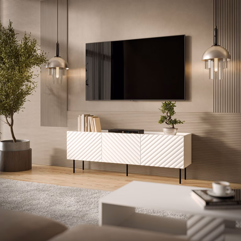 TV-alus Cama MEBLE LUCCA 3D, 165 × 40 × 59 cm, valge, 3 uksega, FELLINI - 3