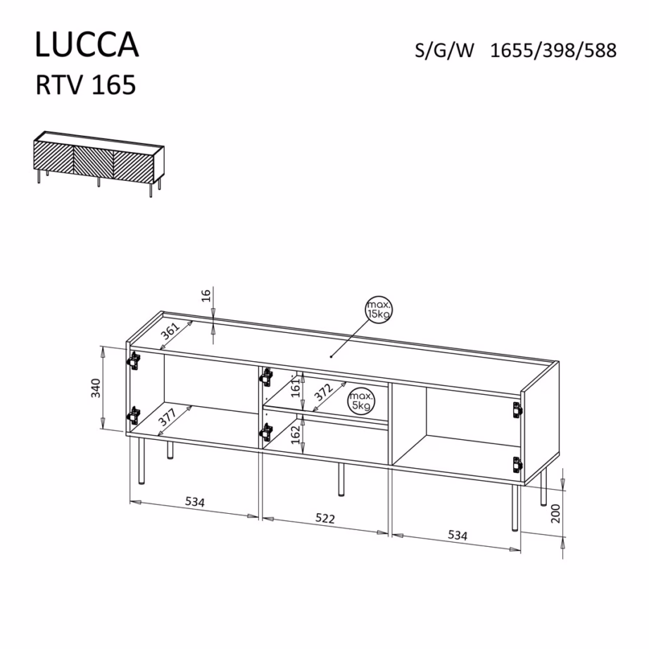 TV-alus Cama MEBLE LUCCA 3D, 165 × 40 × 59 cm, must, 3 uksega - 4