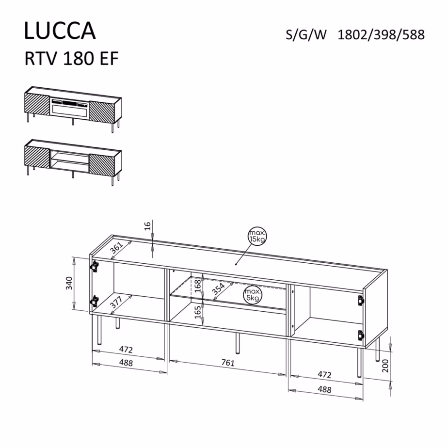 TV-alus Cama MEBLE LUCCA FELLINI, 180 × 40 × 59 cm, must, 2 uksega - 4