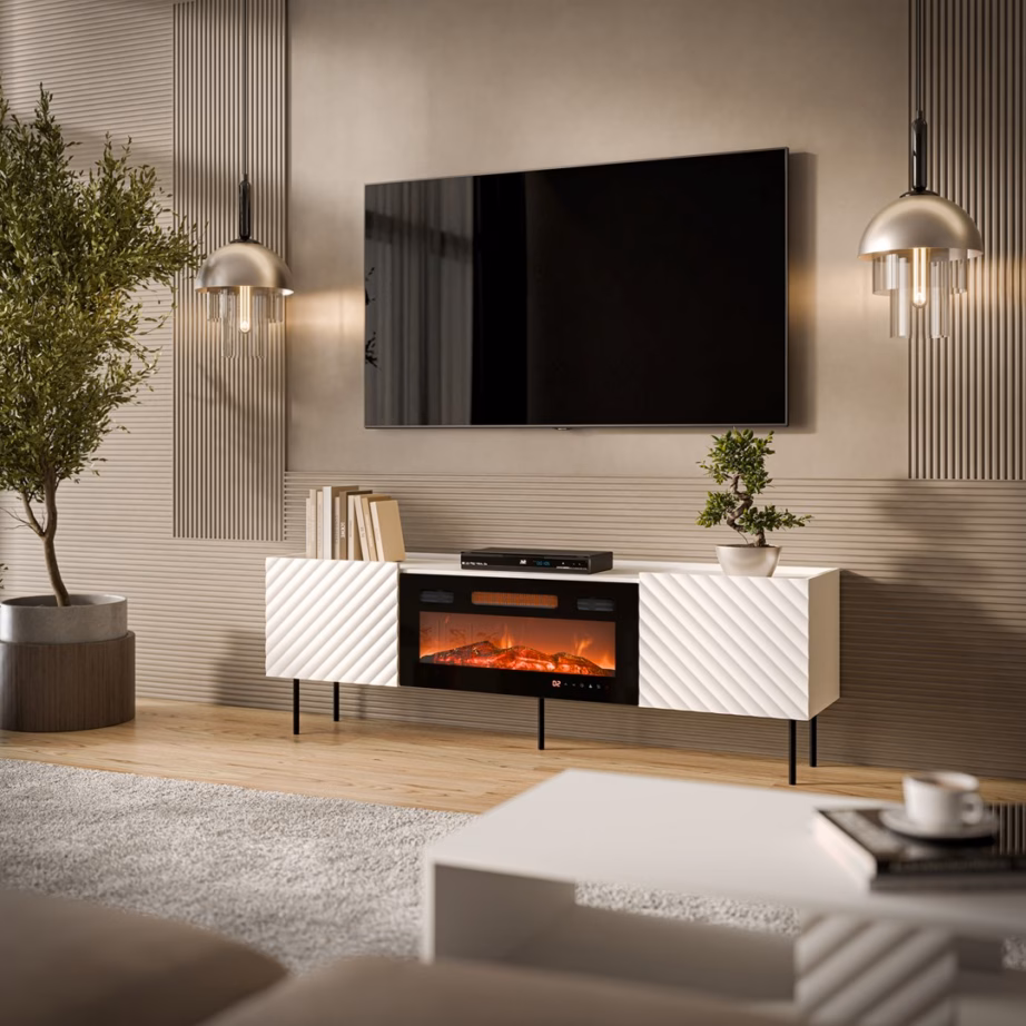 TV-alus Cama MEBLE LUCCA kaminaga, 180 × 40 × 59 cm, valge/must, FELLINI - 4