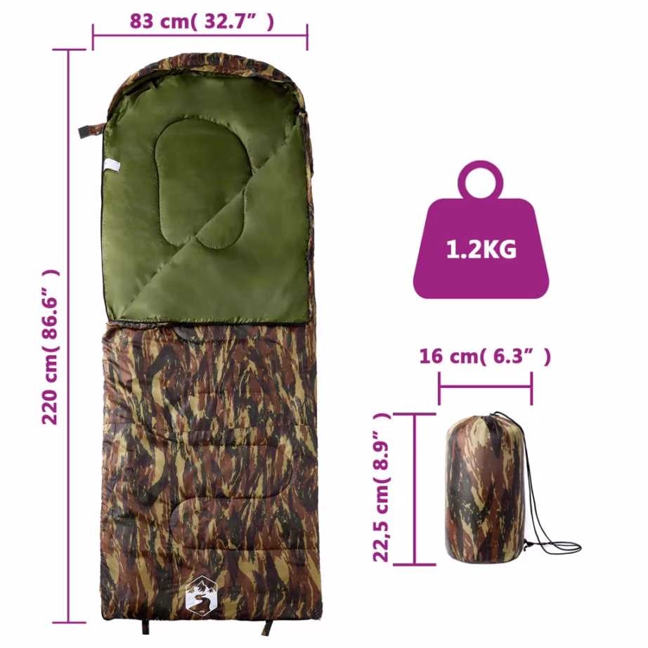 Täiskasvanute kamuflaaž magamiskott 3–4 hooajaks, 220 x 83 cm, 190T polüester, PP-vatiiniga, kandekotiga - 5