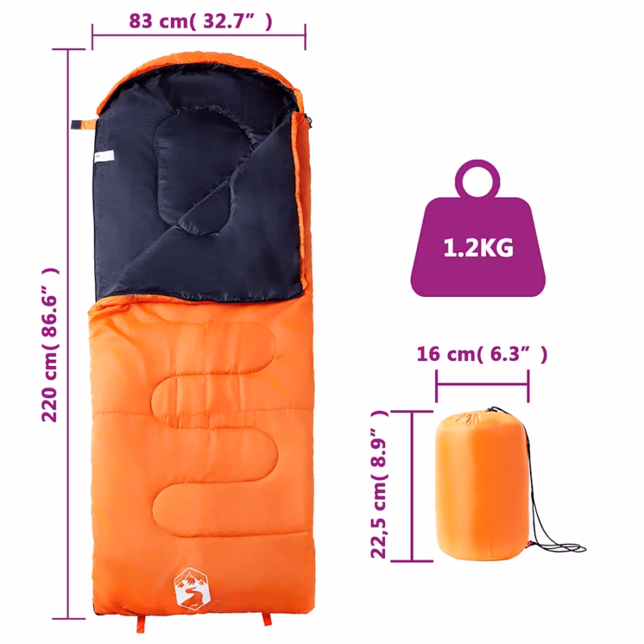 Täiskasvanute magamiskott matkamiseks, oranž-must, 3–4 hooajaks, 220 x 83 cm - 5