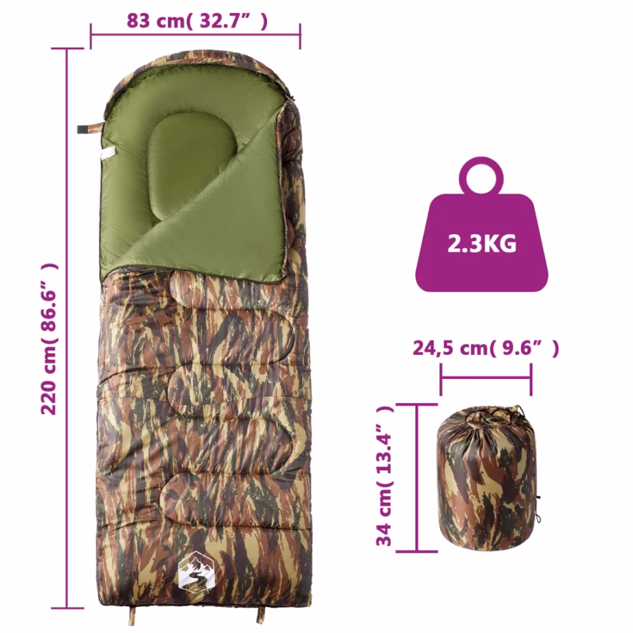 Täiskasvanute kamuflaaž magamiskott matkamiseks, 3–4 hooajaks, 220 x 83 cm - 5