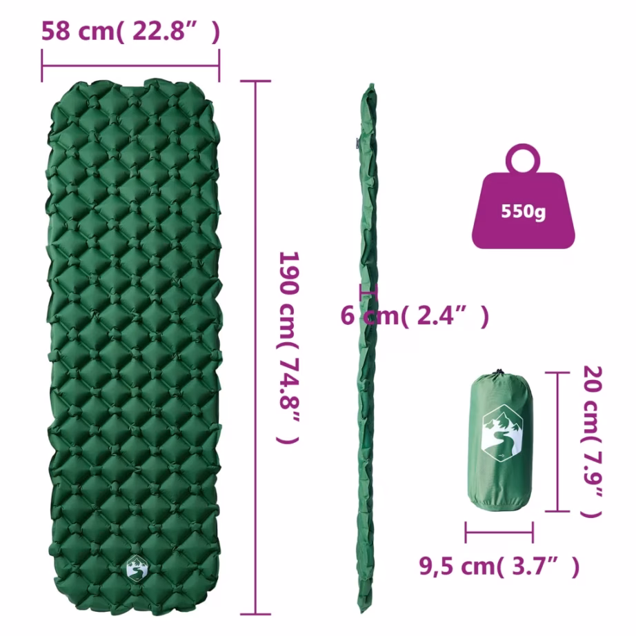 Täispuhutav matkamadrats 1 inimesele, roheline, 190 x 58 x 6 cm, TPU-kattega 40D nailon - 6