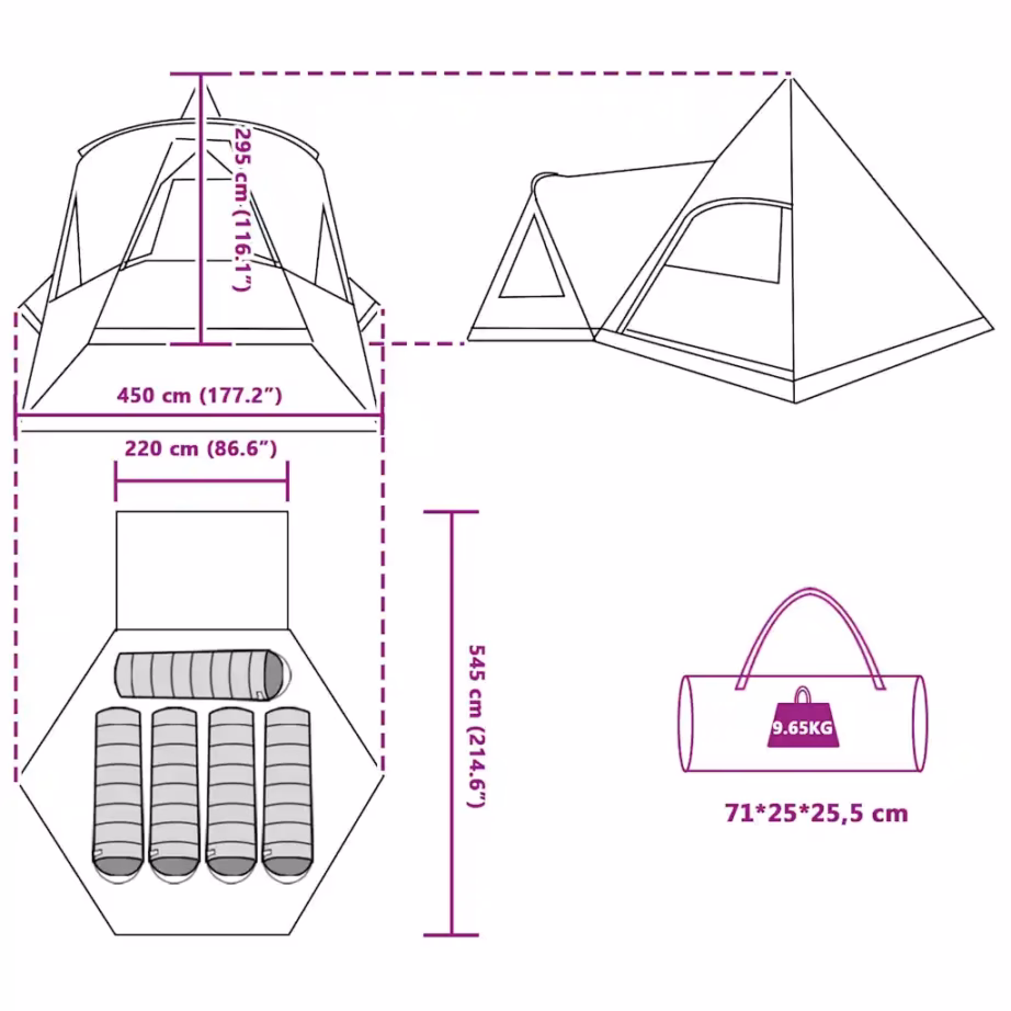 Teepee peretelk 5-le, sinine, vettpidav ja UV-kaitsega 185T polüester, 545 x 450 x 295 cm - 13