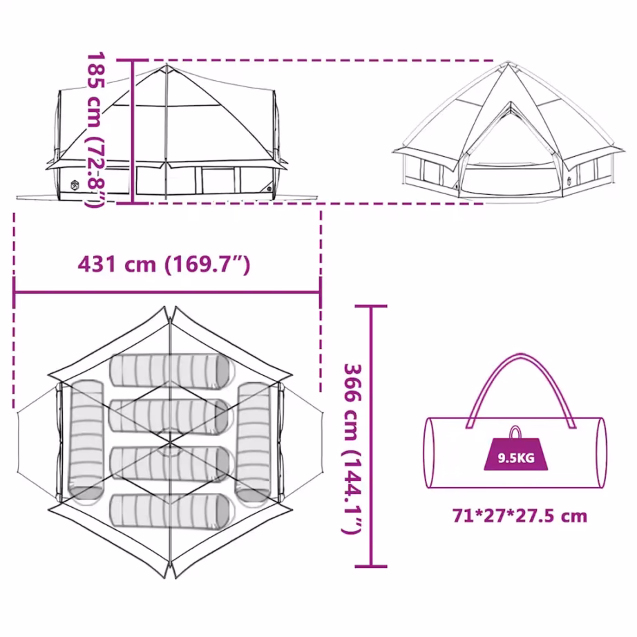 Teepee telk 6 inimesele, roheline ja valge, 431 x 366 x 185 cm - 12