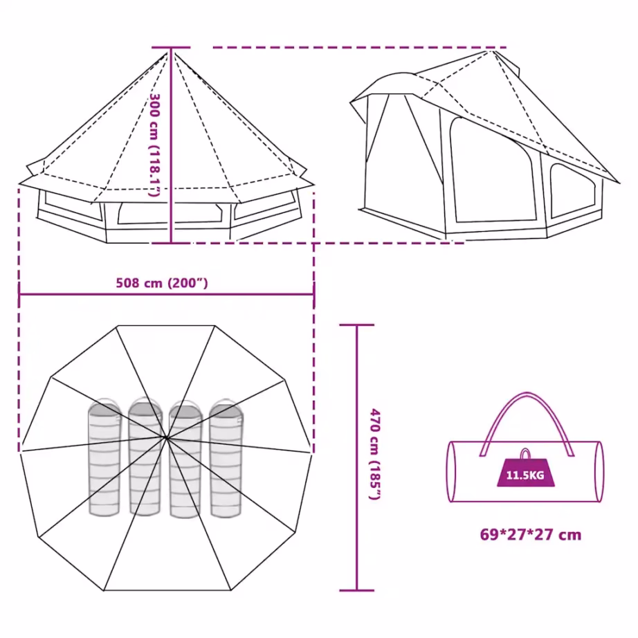 10-kohaline tipi peretelk katusega, hall ja oranž, taft, 508 x 470 x 300 cm - 12
