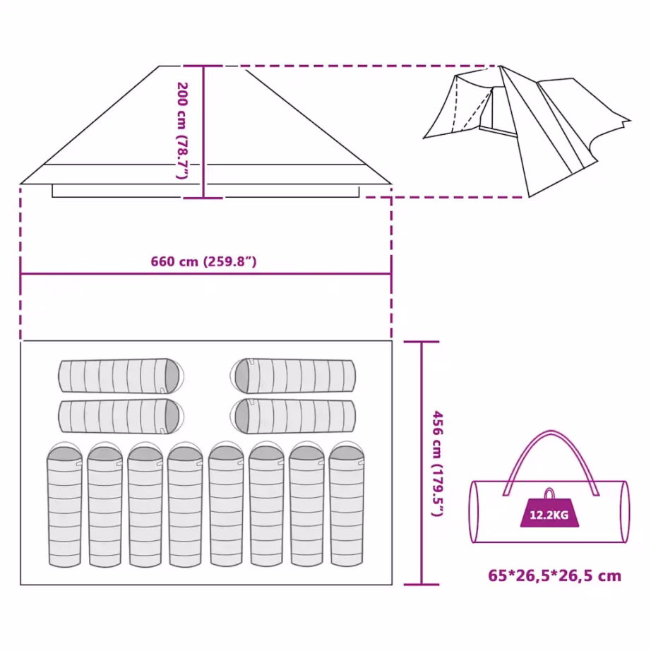 Tipi stiilis peretelk katusega, roheline taft, 12-le, 660 x 456 x 200 cm - 12