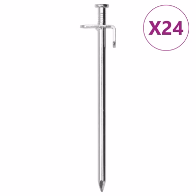 Tsingitud terasest telgivaiad konksu ja aasaga, 24 tk, 19,5 cm, 8 mm, hõbedane