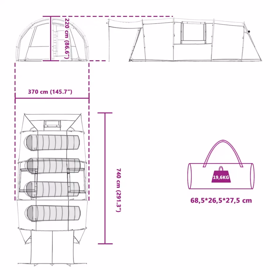 4-kohaline tunnelitelk verandaga, sinine/hall, 740 x 370 x 220 cm - 13